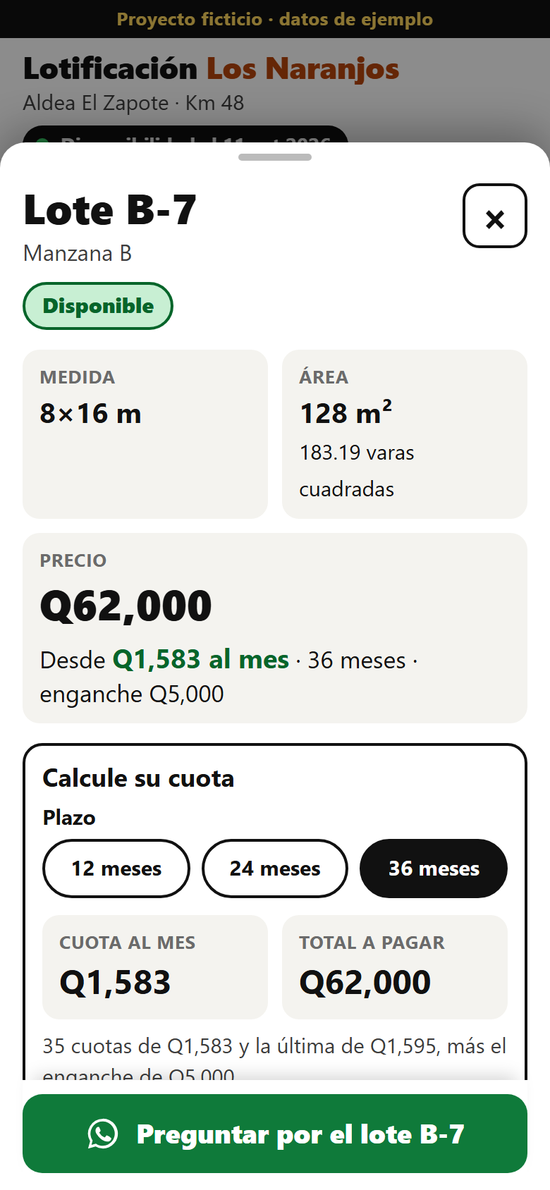 Ficha de un lote de ejemplo con medida, área, precio, cuota mensual y botón de WhatsApp