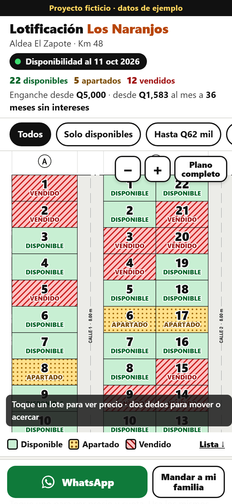 Plano de una lotificación de ejemplo en el celular: lotes disponibles en verde, apartados en amarillo y vendidos en rojo